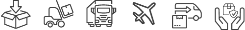 Shiparound - Unterstützung auf allen Stufen des Paketversands: von Kosten-Optimierung bis Paketabholung Symbole für Paket einpacken, Versand, Transport mit Lastwagen und Flugzeug, Auslieferfahrzeug und Paketempfang