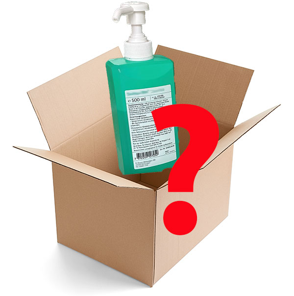 Desinfektionsmittelflasche und Paketkarton - mit großem rotem Fragezeichen