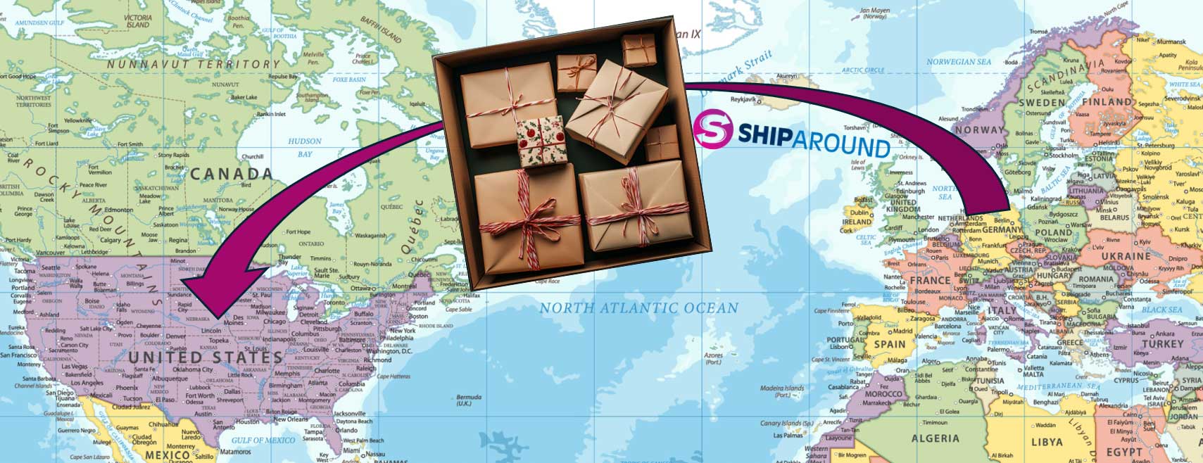 Geschenke in die USA in einem Paketkarton auf einem Pfeil, der auf einer Weltkarte von Deutschland in die USA zeigt